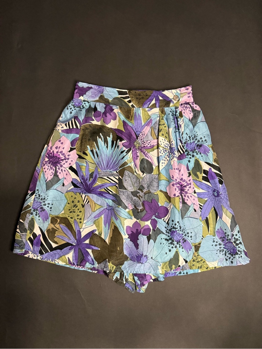 High-Waist Floral Bermuda Shorts / Skort in Purple & Blue 100% Silk